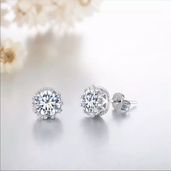 Silver Crown CZ Stud Earrings - Picture 2 of 5